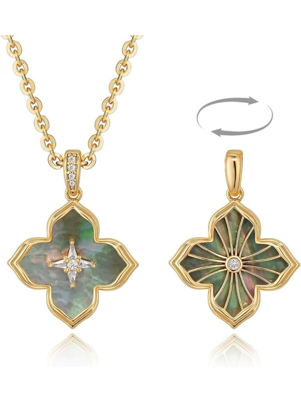 Gold Charm Necklace for Women - 2-Sided Lucky Clover Pendant, 14K Plated Chain